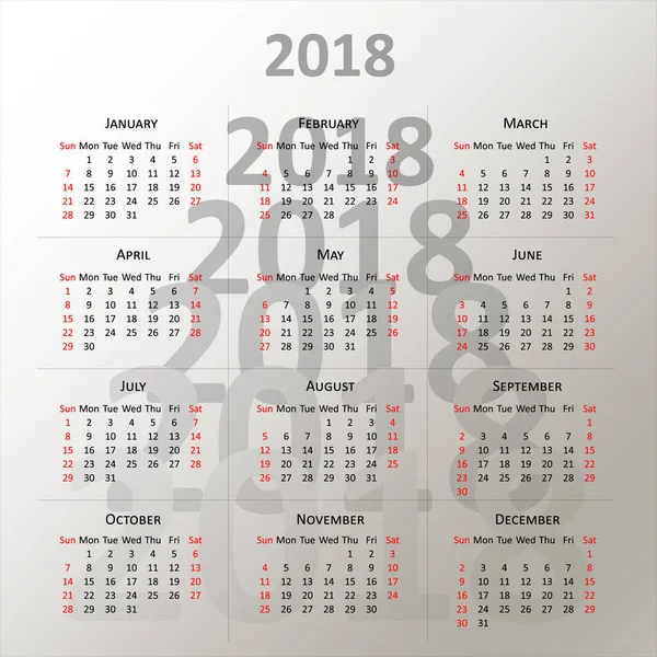 English calendar 2018 — Stock Vector