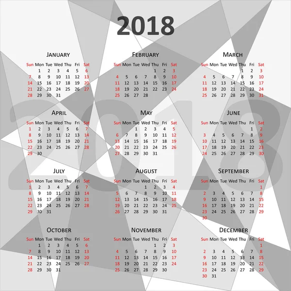 Calendario Inglés 2018 — Vector de stock