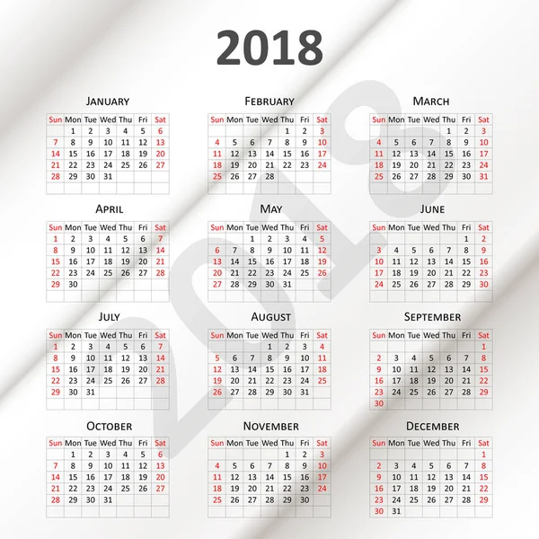 English calendar 2018 — Stock Vector