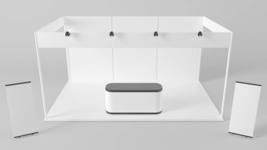 Beyaz yaratıcı sergi stand tasarımı. Booth şablonu. Müdürlükle