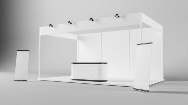 Beyaz yaratıcı sergi stand tasarımı. Booth şablonu. Müdürlükle