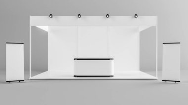 Beyaz yaratıcı sergi stand tasarımı. Booth şablonu. Müdürlükle