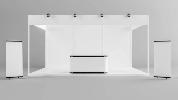Beyaz yaratıcı sergi stand tasarımı. Booth şablonu. Müdürlükle