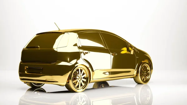 Χρυσή 3d rendering των αυτοκινήτων μέσα σε ένα στούντιο — Φωτογραφία Αρχείου