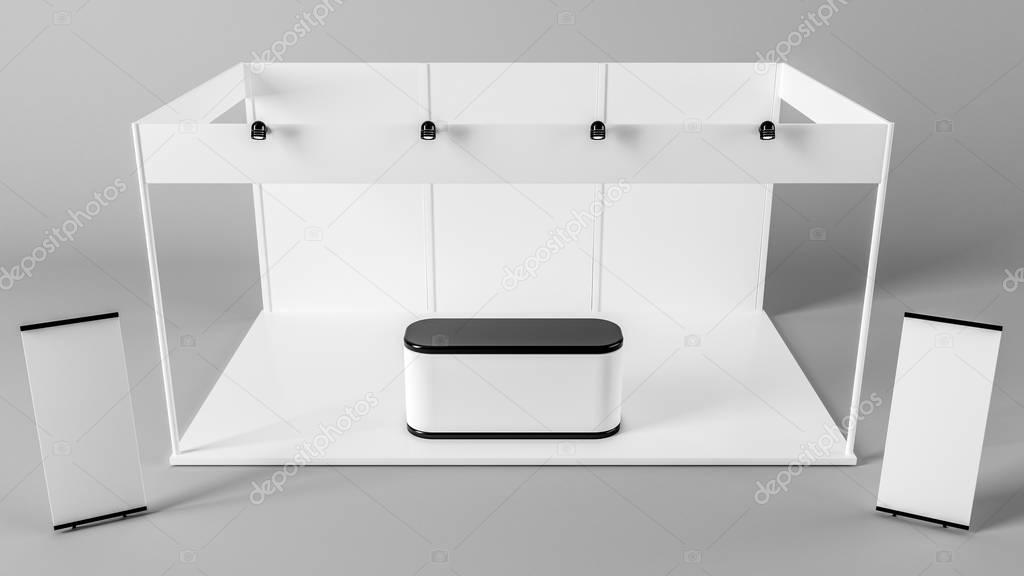 White creative exhibition stand design. Booth template. Corporat