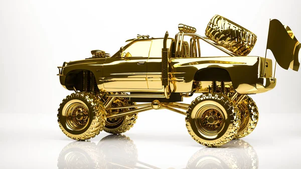 Золотой 3D рендеринг большого автомобиля внутри студии — стоковое фото