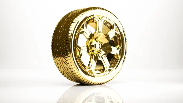 Rendu 3D doré d'une roue à l'intérieur d'un studio — Photo