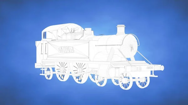Skissert 3d gjengivelse av et tog inne i et blått studio – stockfoto
