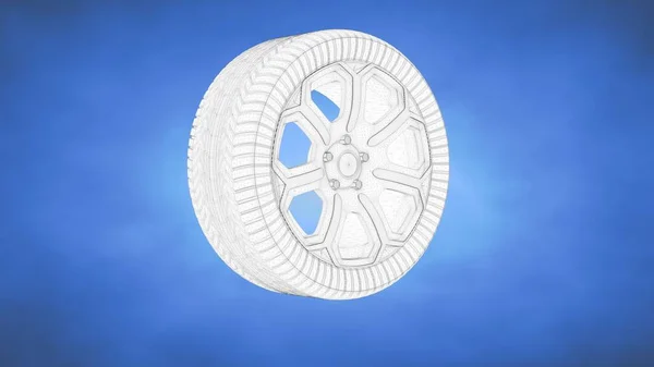 Delineado 3d renderização de uma roda dentro de um estúdio azul — Fotografia de Stock