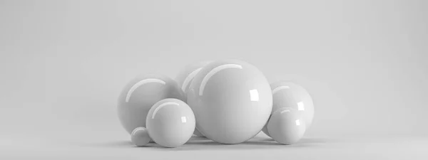 3D-Darstellung von mehreren großen reflektierten Kugeln innerhalb eines weißen s — Stockfoto