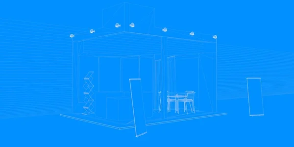 3d rendering of an outlined exhibition with blue background — Stock Photo, Image