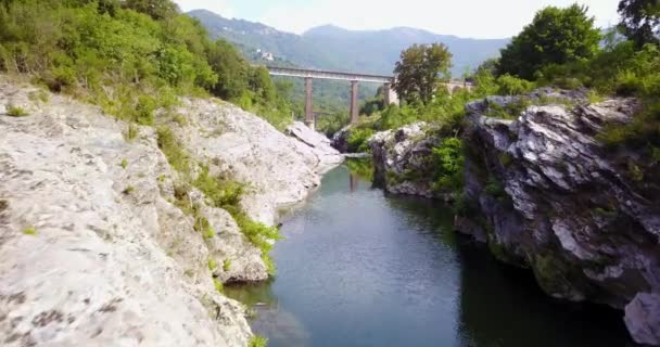 Voo aéreo cinematográfico sobre um rio entre rochas — Vídeo de Stock