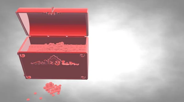 3D візуалізація відбиваючої коробки скарбів з монетами біля неї — стокове фото