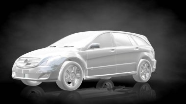 karanlık bir siyah adam beyaz yansıtıcı araba 3D render