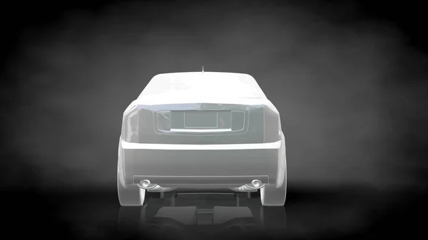 3D representación de un coche reflectante blanco sobre un fondo negro oscuro — Foto de Stock