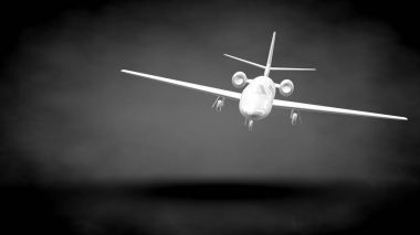 koyu siyah arka plan üzerinde yansıtıcı bir uçağın 3D render