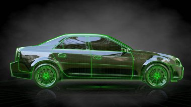 yeşil bir araba 3D render kontur balck arka özetlenen