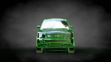 yeşil bir araba 3D render kontur balck arka özetlenen