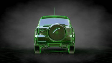 yeşil bir araba 3D render kontur balck arka özetlenen