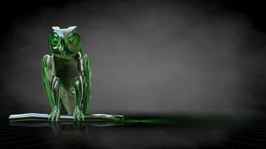 koyu siyah arka plan üzerinde yansıtıcı bir baykuş 3D render