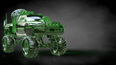 koyu siyah arka plan üzerinde yansıtıcı büyük bir araba 3D render
