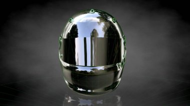 koyu siyah arka plan üzerinde yansıtıcı bir kask 3D render