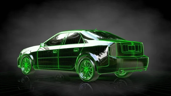 3d rendering of a car with green outlined stroke on a balck back — Stock Photo, Image