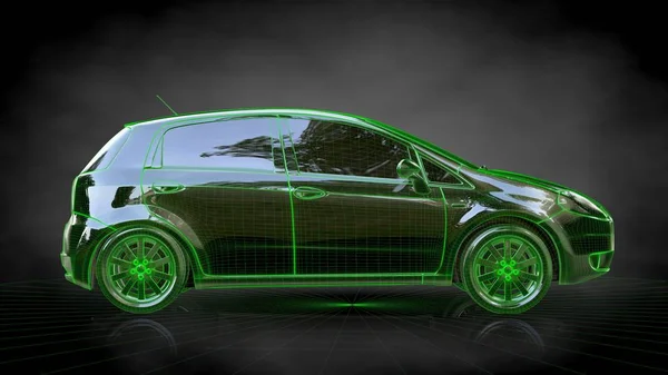 Renderowania 3D samochodu z zielonej opisane obrysu tyłu balck — Zdjęcie stockowe