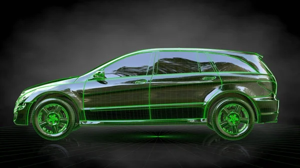 3d representación de un coche con verde trazo perfilado en un bálsamo espalda — Foto de Stock