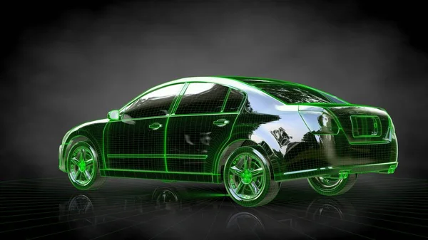 3D-rendering av en bil med grön beskrivs stroke på en balck rygg — Stockfoto