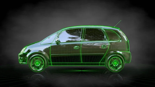 3d representación de un coche con verde trazo perfilado en un bálsamo espalda — Foto de Stock