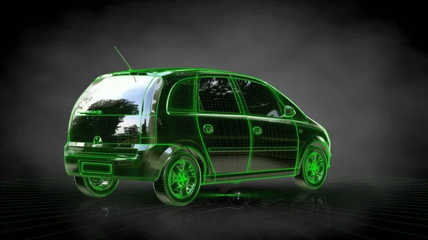 3D візуалізація автомобіля з зеленим викладеним штрихом на спині — стокове фото