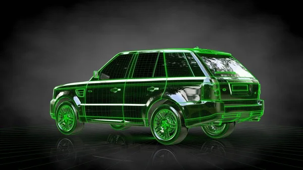 3d rendering of a car with green outlined stroke on a balck back — Stock Photo, Image
