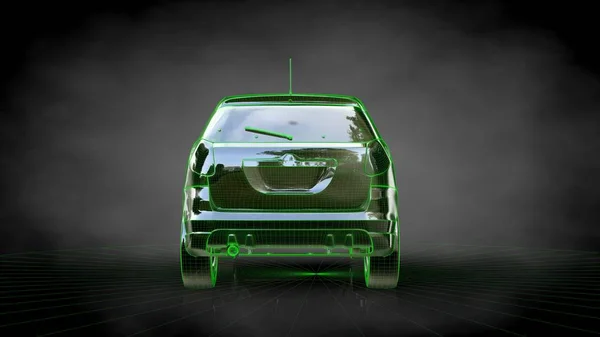 3d representación de un coche con verde trazo perfilado en un bálsamo espalda — Foto de Stock