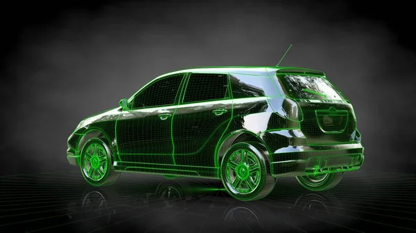 3d rendering of a car with green outlined stroke on a balck back — Stock Photo, Image