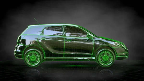 3D візуалізація автомобіля з зеленим викладеним штрихом на спині — стокове фото
