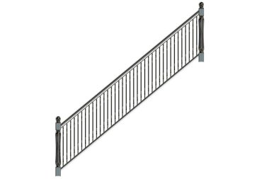 3D render metalik ön görünüm merdiven rayların üzerinde izole bir 