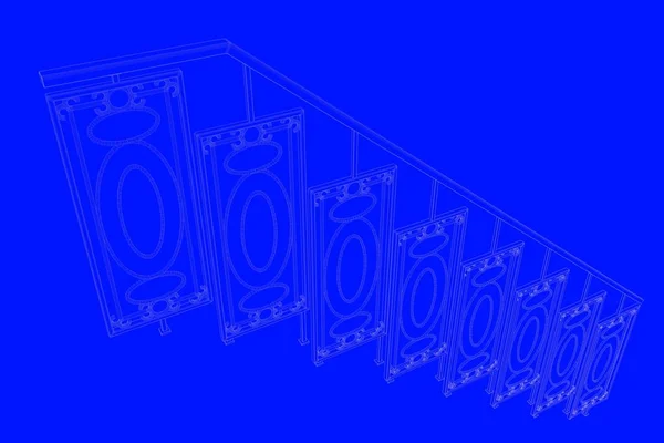 3D visszaadás-ból egy vasúti blueprint elszigetelt a kék háttere — Stock Fotó