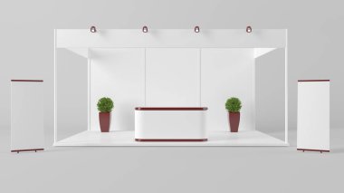 marka için bir beyaz yaratıcı sergi kiosk 3D render 