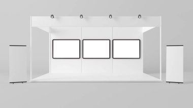 marka için bir beyaz yaratıcı sergi kiosk 3D render 