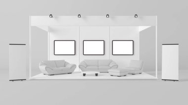 marka için bir beyaz yaratıcı sergi kiosk 3D render 