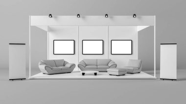 marka için bir beyaz yaratıcı sergi kiosk 3D render 