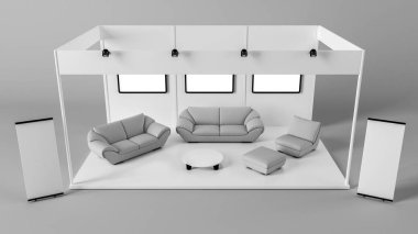 marka için bir beyaz yaratıcı sergi kiosk 3D render 