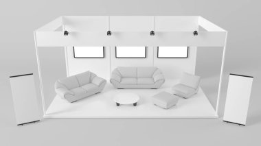 marka için bir beyaz yaratıcı sergi kiosk 3D render 