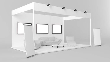 marka için bir beyaz yaratıcı sergi kiosk 3D render 