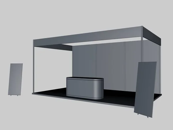 3D-rendering av en grå utställningen med två affischer och skrivbord — Stockfoto