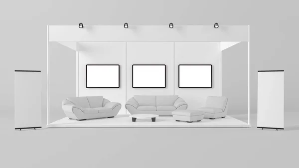 Marka için bir beyaz yaratıcı sergi kiosk 3D render — Stok fotoğraf