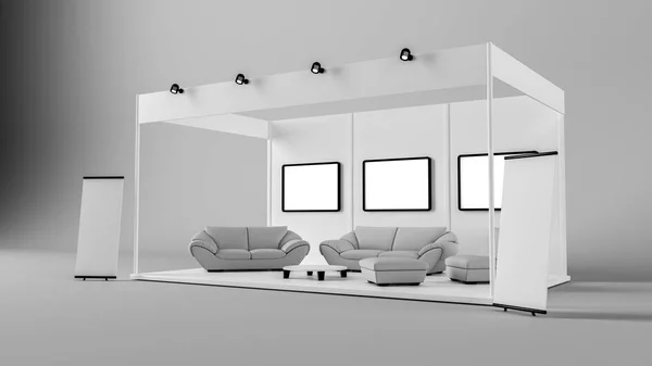 Marka için bir beyaz yaratıcı sergi kiosk 3D render — Stok fotoğraf