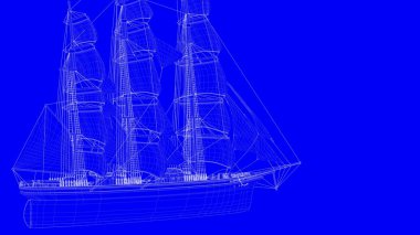 3D Render mavi üzerinde beyaz çizgiler içinde bir mavi baskı yelken teknenin 