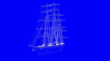 3D Render mavi üzerinde beyaz çizgiler içinde bir mavi baskı yelken teknenin 